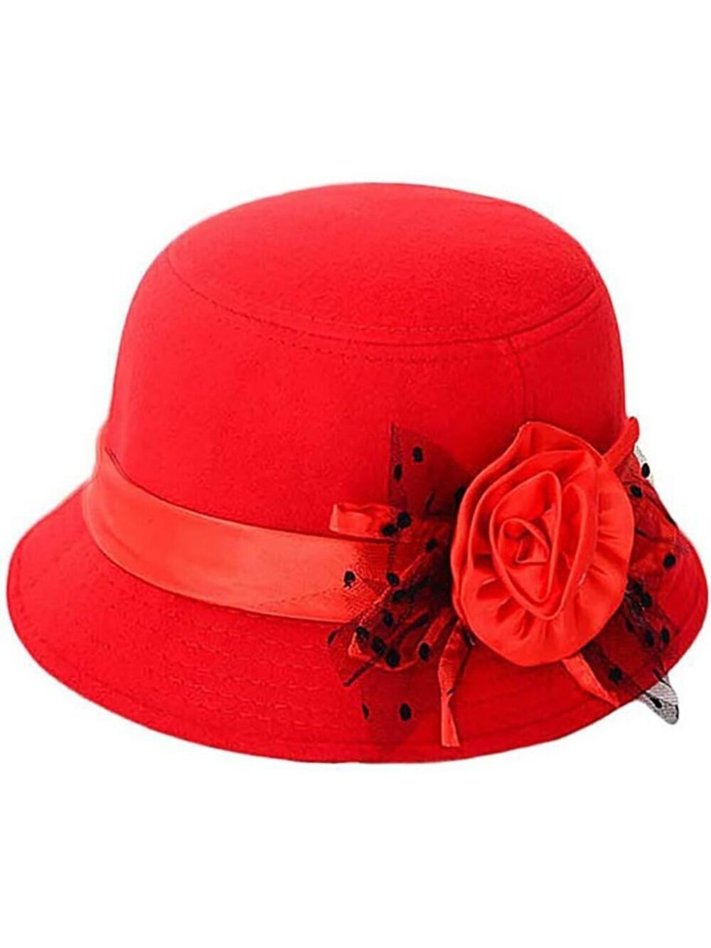 Women's Red Vintage Felt Cloche inter Floral Fedora Imported Bucket Hat